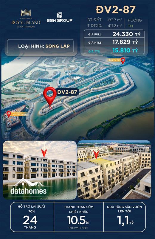 ĐV2-87 Song Lập Royal Island – View Nước Hiếm | Giá TTS Chỉ 15,81 Tỷ – Quà Sân Vườn 1,1 Tỷ